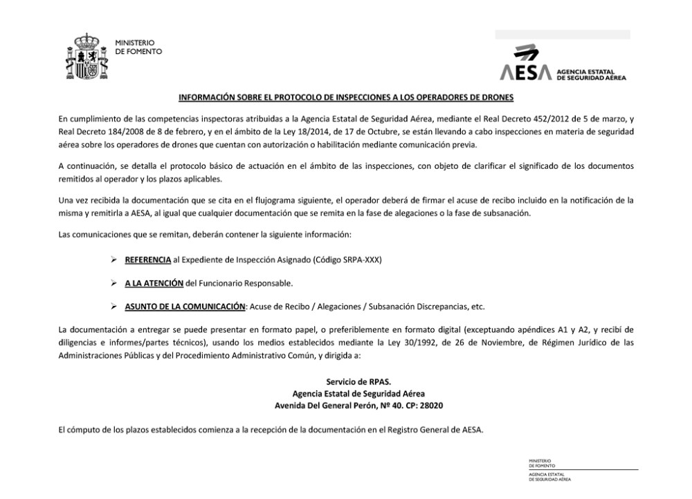 air drone view www.airdroneview.com aesa protocolo inspeccion operador drones rpas españa legislacion ley sancion proceso inspector documentacion papeles fomento1