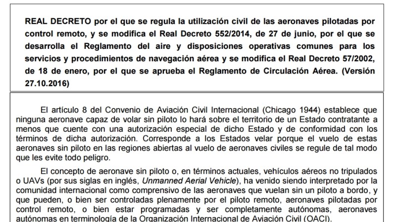 Información pública sobre el Proyecto de Real Decreto que regulará el uso de RPAS en&nbsp;España