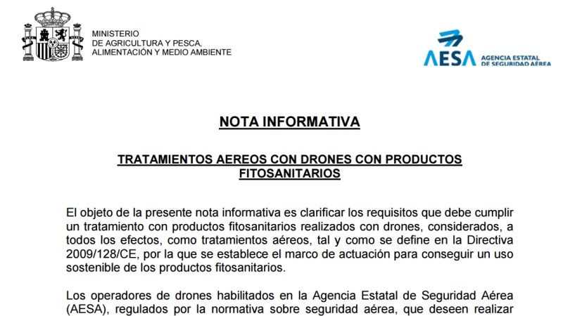 AESA publica una nota informativa sobre los tratamientos aéreos con fitosanitarios y&nbsp;drones