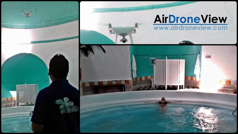 Drones volando en el interior de una terma romana en el Balneario de Alange para vídeo&nbsp;turístico