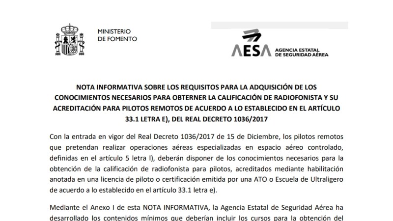 AESA publica nota informativa sobre la calificación de Radiofonista para operadores de RPAS AESA publica nota informativa sobre la calificación de Radiofonista para operadores de RPAS
