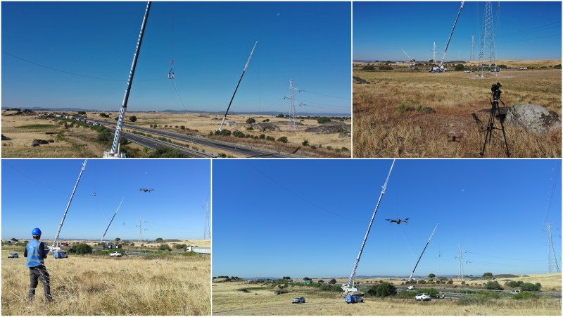 Grabando el montaje de una línea aérea de alta tensión a través de autovía Grabando el montaje de una línea aérea de alta tensión a través de autovía